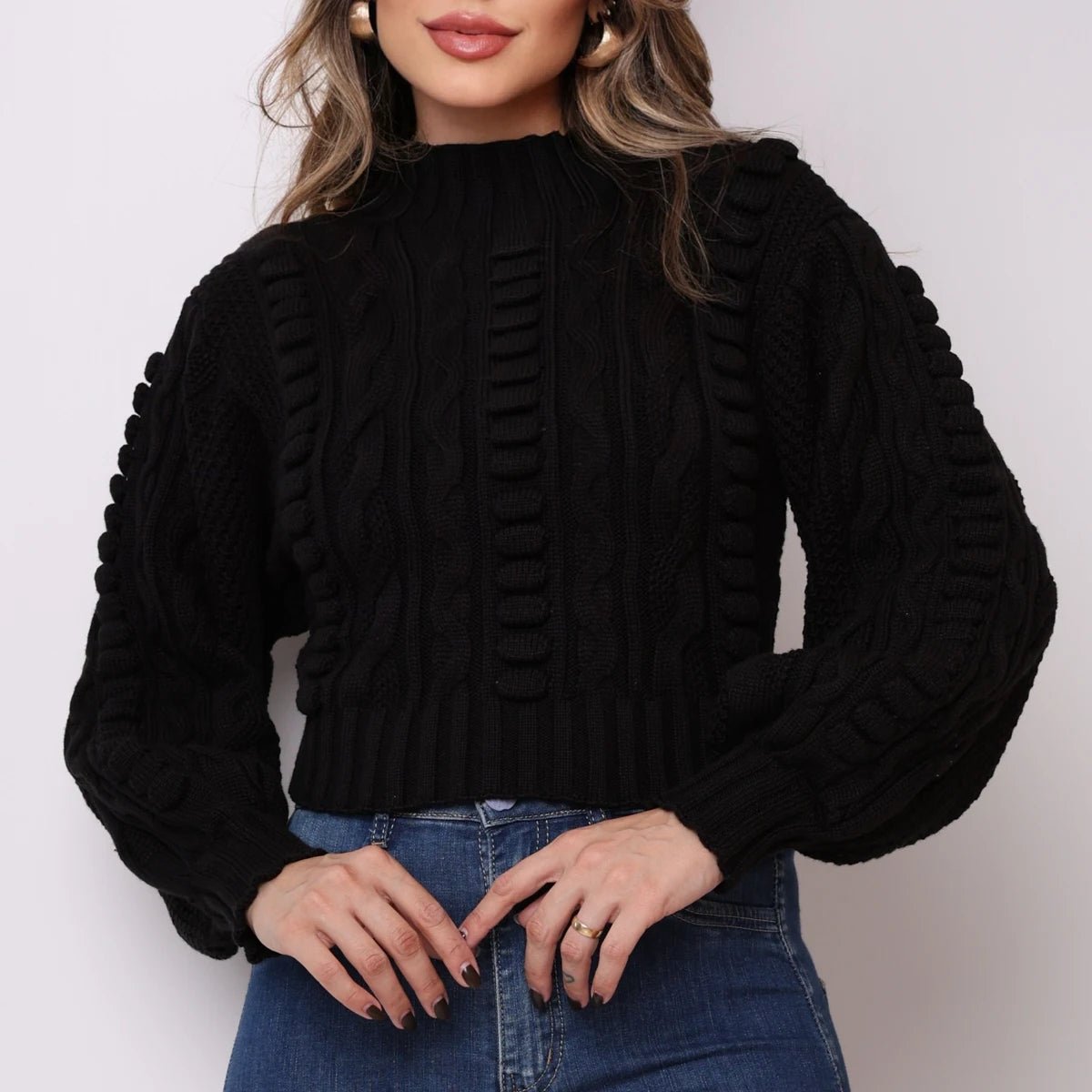 Blusa de Frio Tricot Modal Feminina – Curta, Manga Longa, Desenhos de Bolas - Momobr