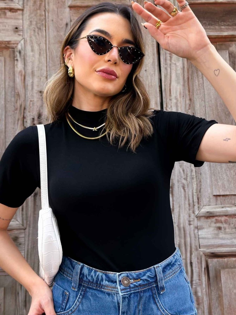 Blusa Feminina Gola Alta Manga Curta Básica – Tecido Viscolycra | Tamanho Único M/G - Momobr