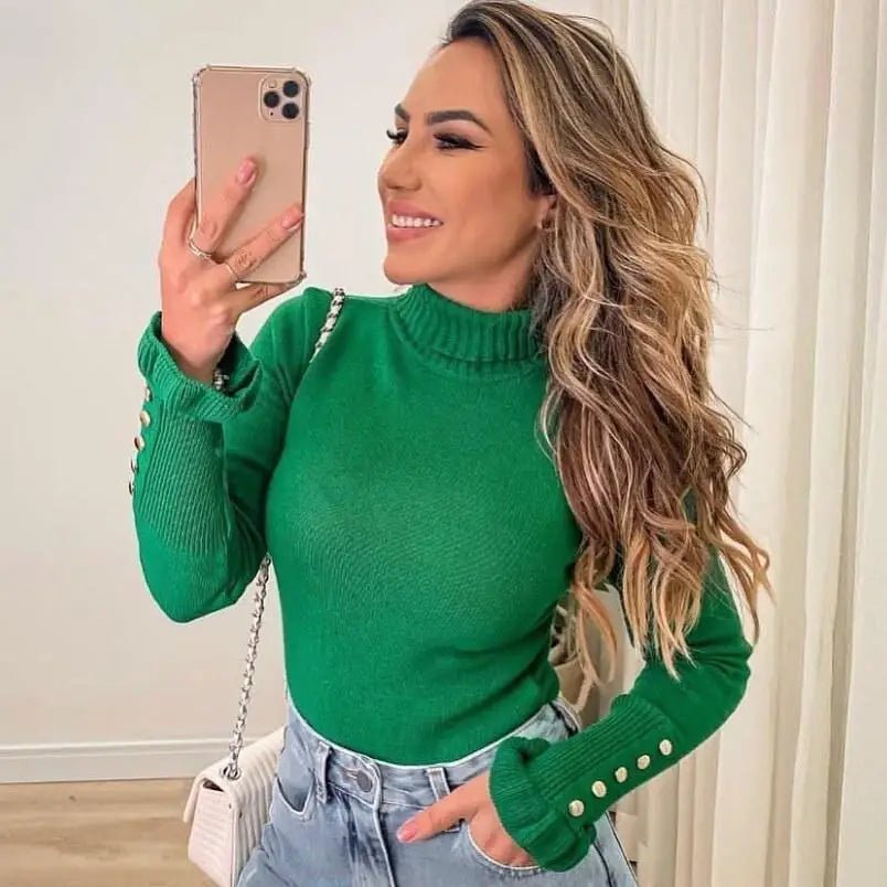 Blusa Tricot Manga Longa Cacharrel Botões Elegante Blogueira - Momobr