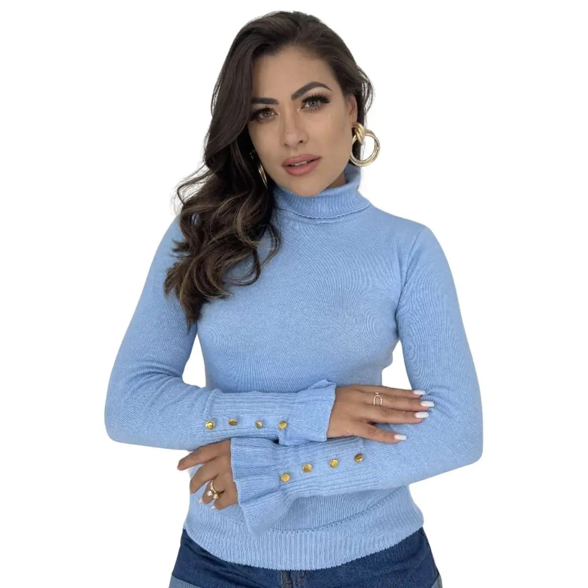 Blusa Tricot Manga Longa Cacharrel Botões Elegante Blogueira - Momobr