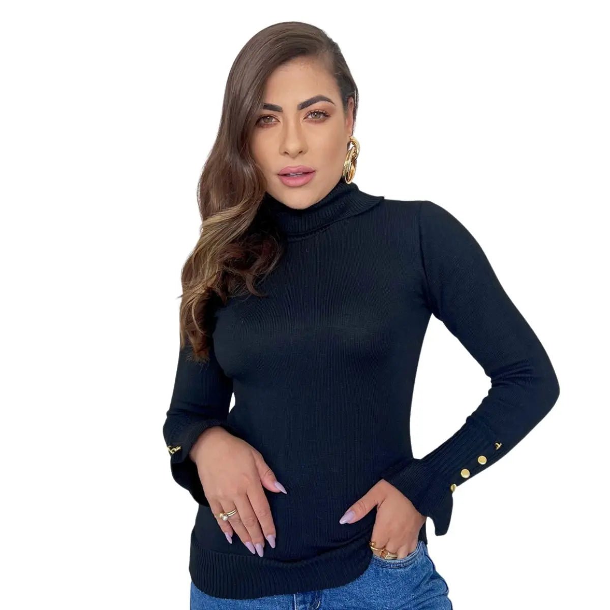Blusa Tricot Manga Longa Cacharrel Botões Elegante Blogueira - Momobr