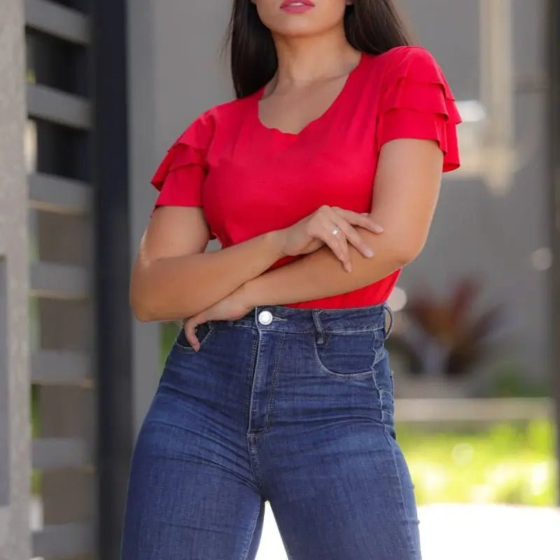 Blusinha Feminina Suede Aveludada com Babado – Manga Curta, Toque Macio, Estilo Fashion - Momobr