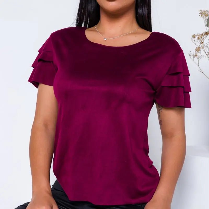 Blusinha Feminina Suede Aveludada com Babado – Manga Curta, Toque Macio, Estilo Fashion - Momobr