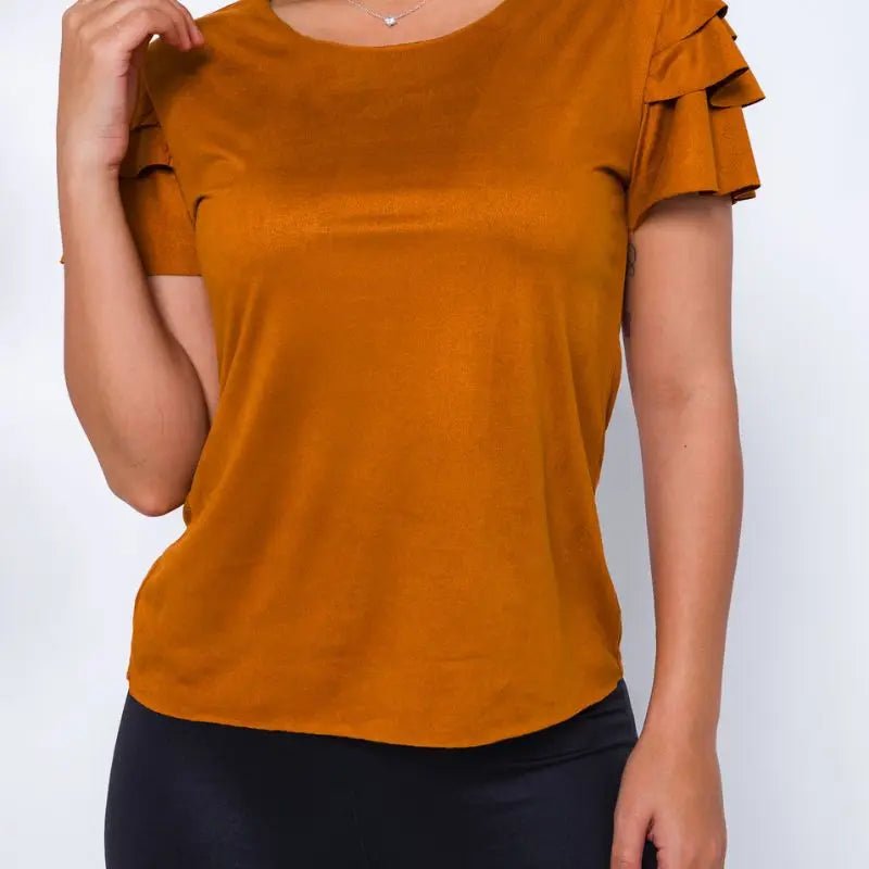 Blusinha Feminina Suede Aveludada com Babado – Manga Curta, Toque Macio, Estilo Fashion - Momobr