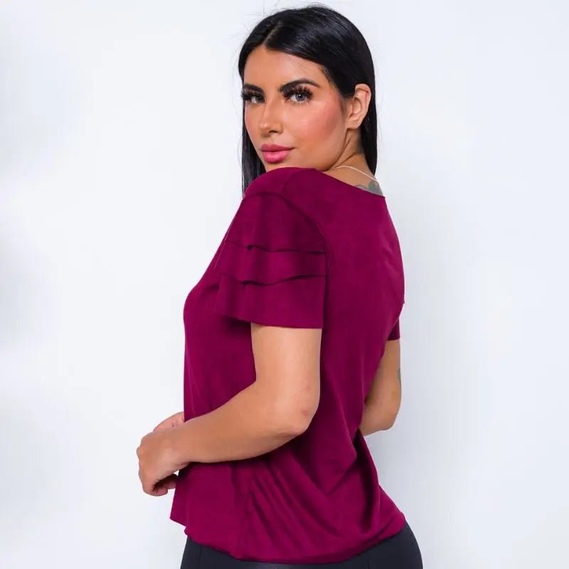 Blusinha Feminina Suede Aveludada com Babado – Manga Curta, Toque Macio, Estilo Fashion - Momobr
