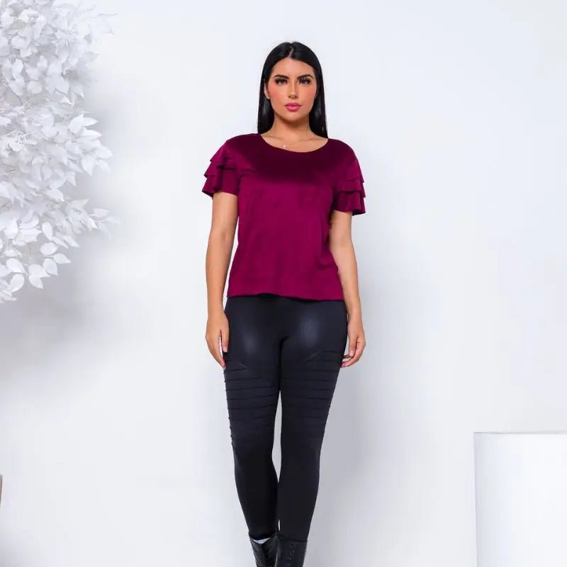 Blusinha Feminina Suede Aveludada com Babado – Manga Curta, Toque Macio, Estilo Fashion - Momobr