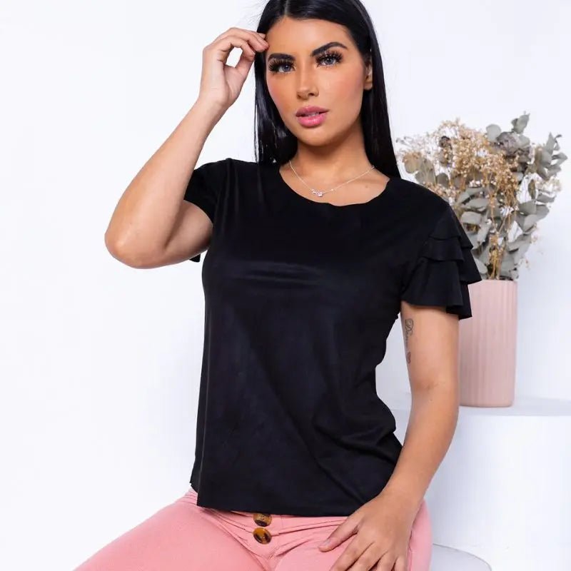 Blusinha Feminina Suede Aveludada com Babado – Manga Curta, Toque Macio, Estilo Fashion - Momobr