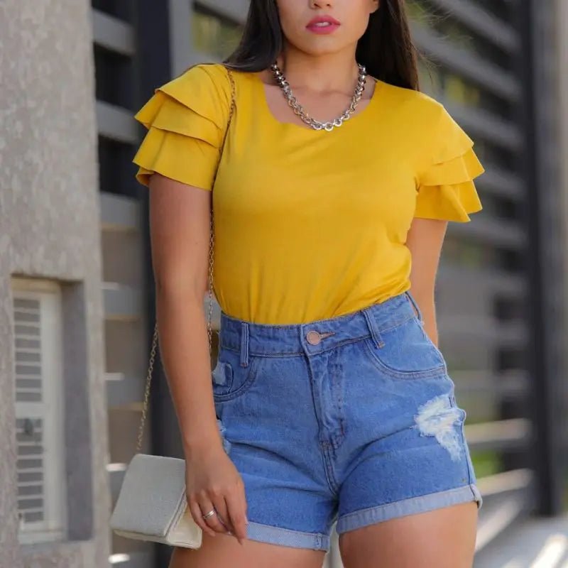 Blusinha Feminina Suede Aveludada com Babado – Manga Curta, Toque Macio, Estilo Fashion - Momobr