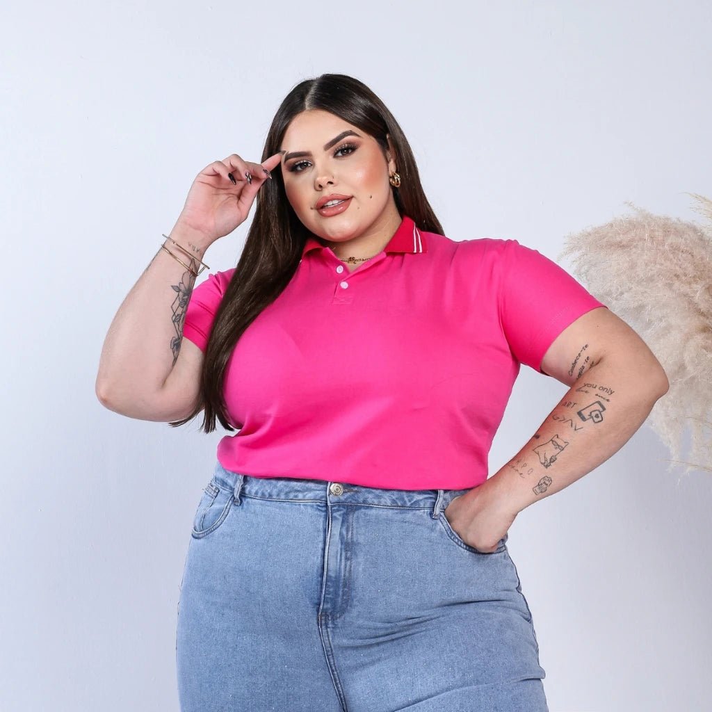 Camiseta Polo Plus Size Feminina 100% Algodão – Gola com Listra, Luxo Básico e Confortável - Momobr