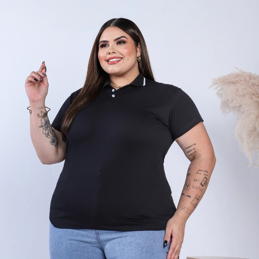 Camiseta Polo Plus Size Feminina 100% Algodão – Gola com Listra, Luxo Básico e Confortável - Momobr