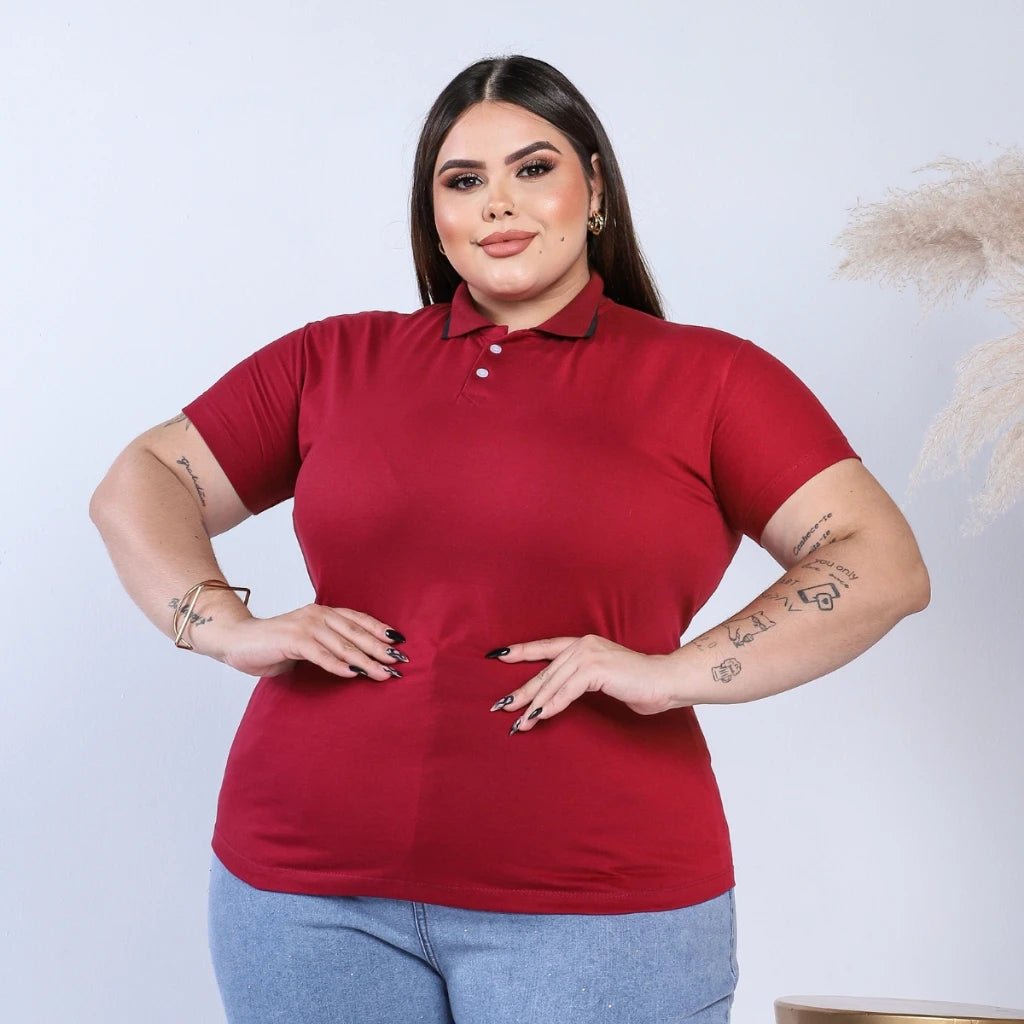 Camiseta Polo Plus Size Feminina 100% Algodão – Gola com Listra, Luxo Básico e Confortável - Momobr