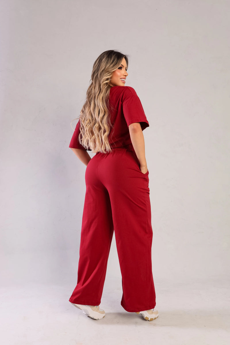 Conjunto Longo Pantalona com Cropped – Tendência Moda Luxo em Algodão Fio 30 - Momobr