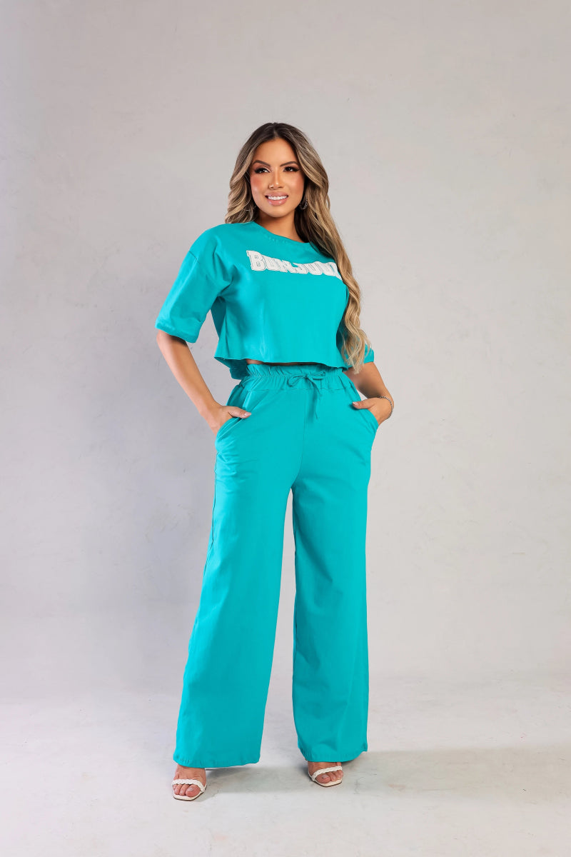 Conjunto Longo Pantalona com Cropped – Tendência Moda Luxo em Algodão Fio 30 - Momobr