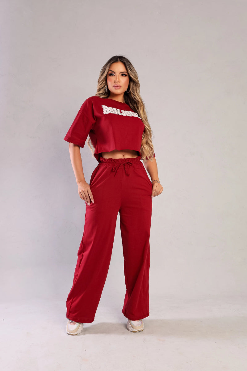 Conjunto Longo Pantalona com Cropped – Tendência Moda Luxo em Algodão Fio 30 - Momobr
