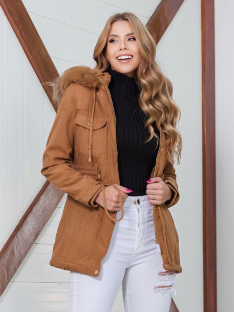 Jaqueta Parka Feminina Pelinho Capuz Inverno Com Bolso - Momobr