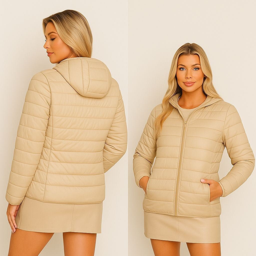 Jaqueta Puffer Feminina Bobojaco com Capuz – Leve, Acolchoada, Térmica e Confortável (Preto / Bege) - Momobr