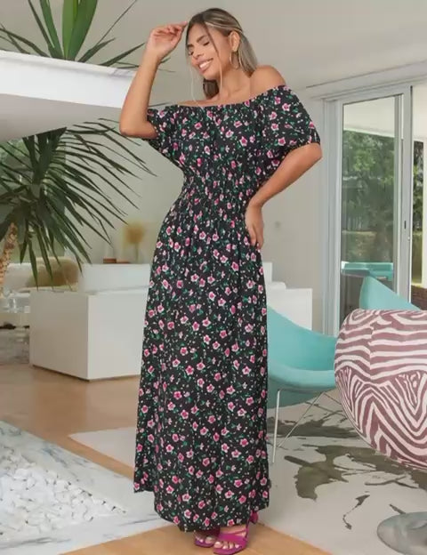 Vestido Longo Ciganinha Estampado – Ombro a Ombro com Manga Lanterna e Caimento Solto