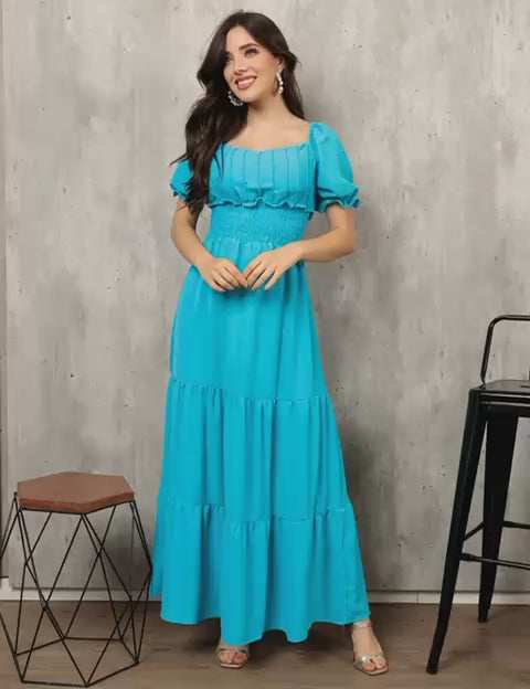 Vestido Longo Feminino Duna com Manga Flare e Drapeado – Moda Verão Estilo Elegante