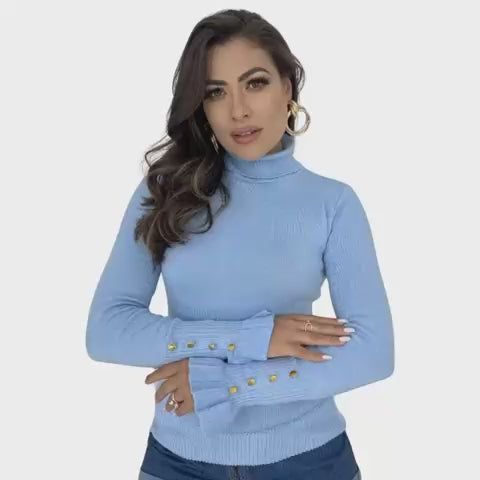 Blusa de Tricot Feminina Cacharrel com Botões – Gola Alta Elegante para Invern