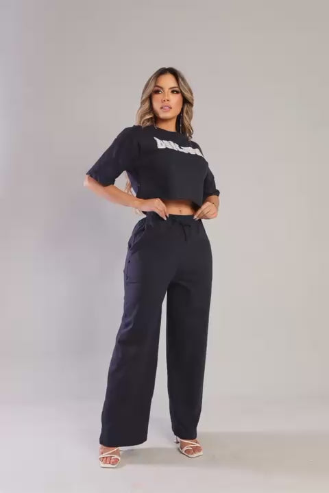 Conjunto Longo Pantalona com Cropped – Tendência Moda Luxo em Algodão Fio 30