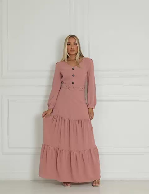 Vestido Longo Três Marias em Viscolinho com Cinto – Manga Puff e Elegância Atemporal