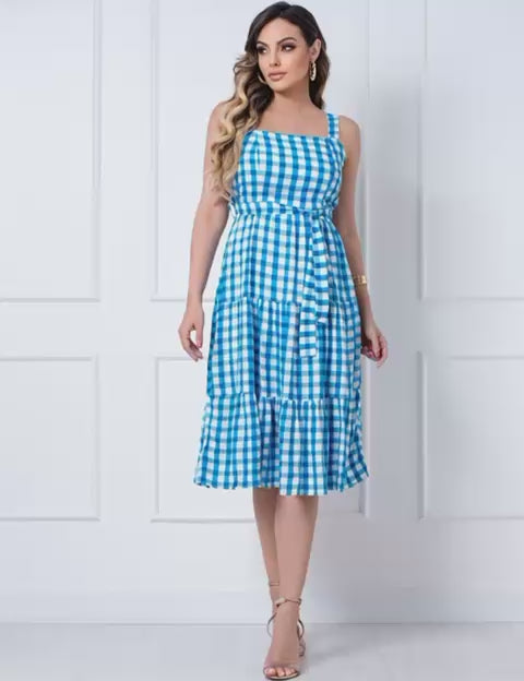 Vestido Midi Xadrez de Viscose – Chic, Casual e Versátil para Festas