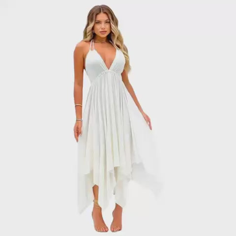 Vestido Pontas Alice Liso – Modelagem Assimétrica, Decote V Profundo, Fluido e Confortável