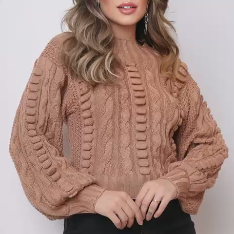 Blusa de Frio Tricot Modal Feminina – Curta, Manga Longa, Desenhos de Bolas