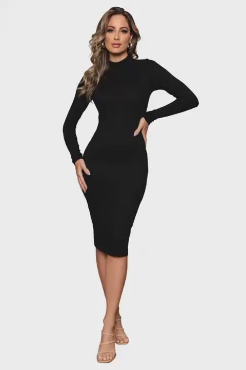Vestido Justo Canelado Manga Longa com Gola Alta – Preto, Versátil e Atemporal