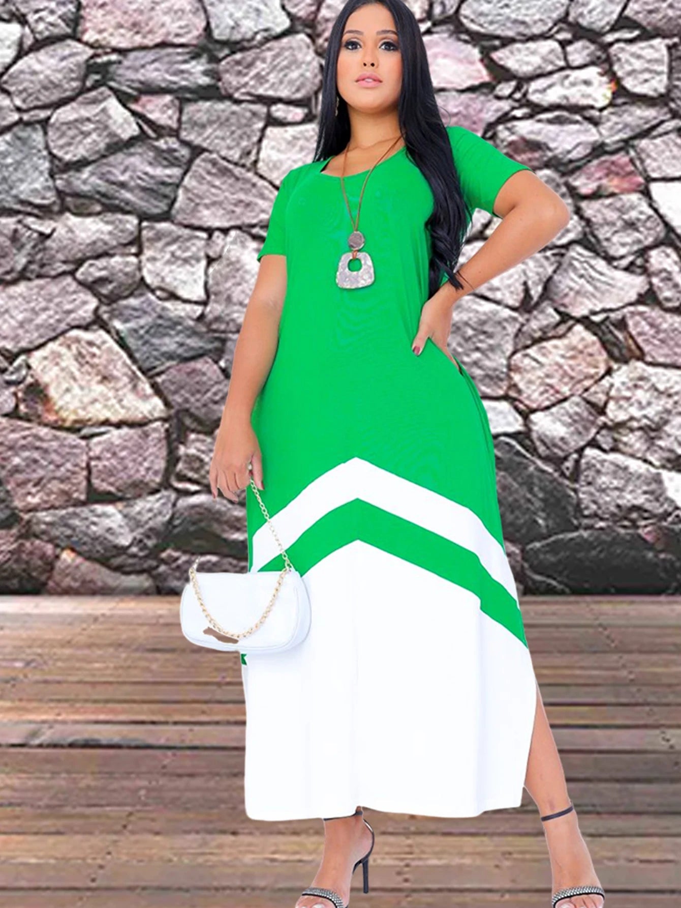 Vestido Longo Bicolor Feminino com Fenda, Bolsos e Alça – Tecido Viscose, Tamanho Único do 38 ao 50, Casual Chic - Momobr