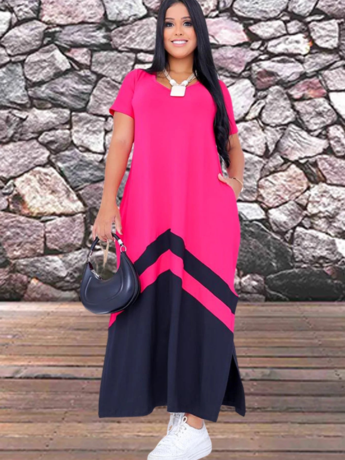 Vestido Longo Bicolor Feminino com Fenda, Bolsos e Alça – Tecido Viscose, Tamanho Único do 38 ao 50, Casual Chic - Momobr