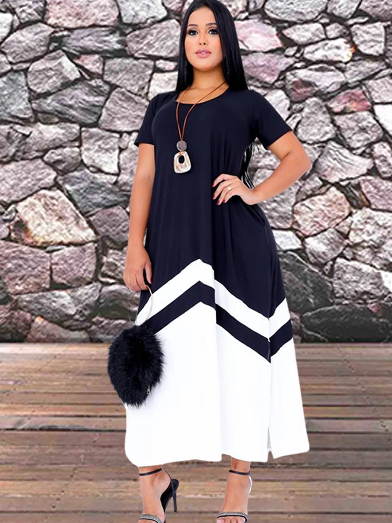 Vestido Longo Bicolor Feminino com Fenda, Bolsos e Alça – Tecido Viscose, Tamanho Único do 38 ao 50, Casual Chic - Momobr
