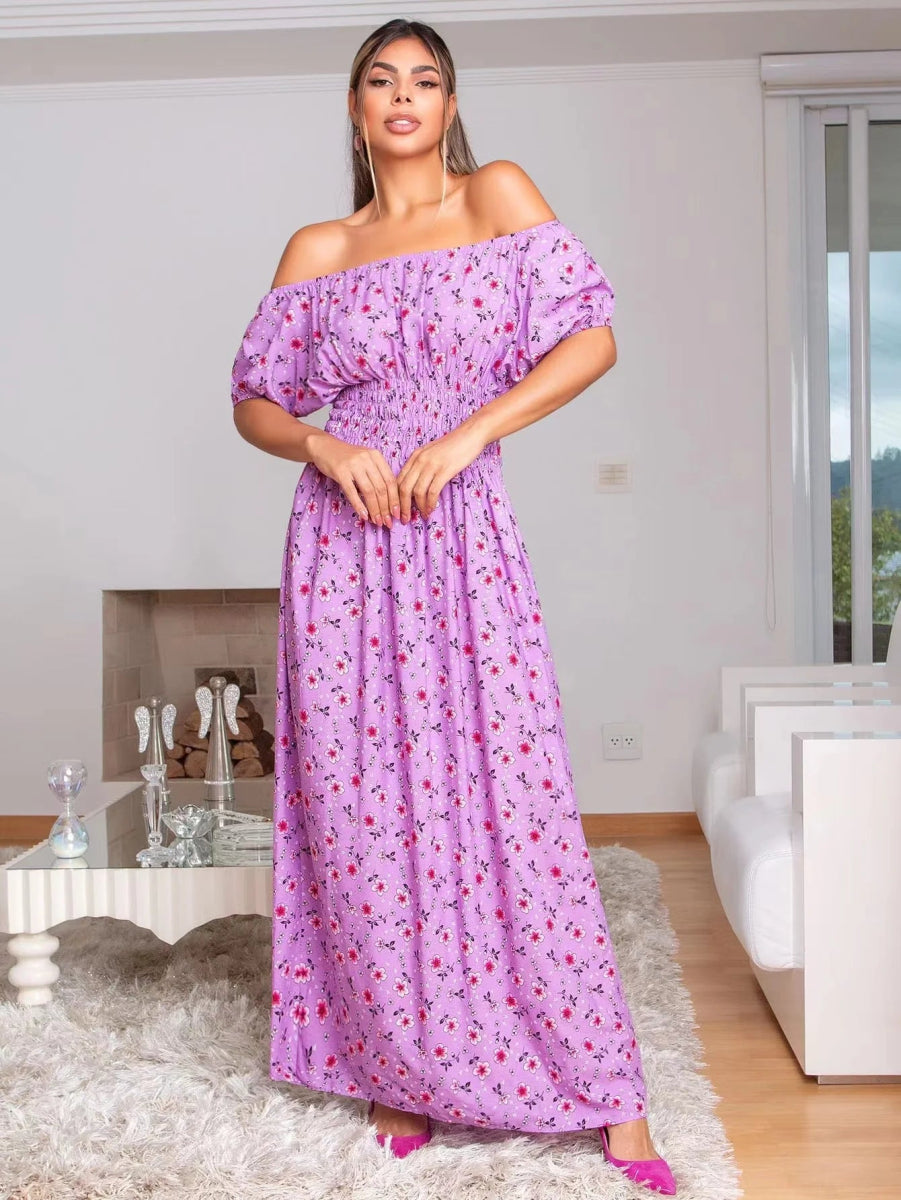 Vestido Longo Ciganinha Estampado – Ombro a Ombro com Manga Lanterna e Caimento Solto - Momobr