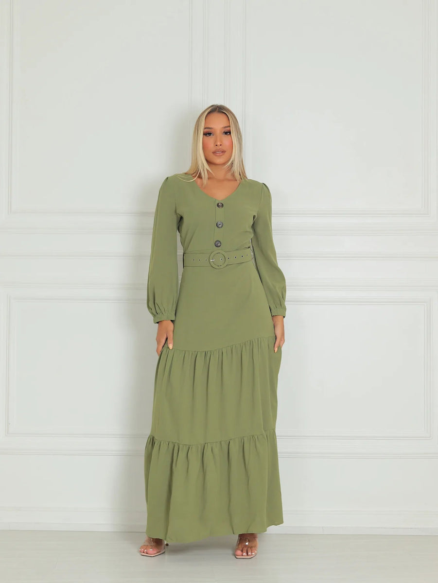 Vestido Longo Três Marias em Viscolinho com Cinto – Manga Puff e Elegância Atemporal - Momobr