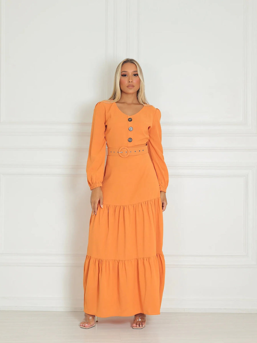 Vestido Longo Três Marias em Viscolinho com Cinto – Manga Puff e Elegância Atemporal - Momobr