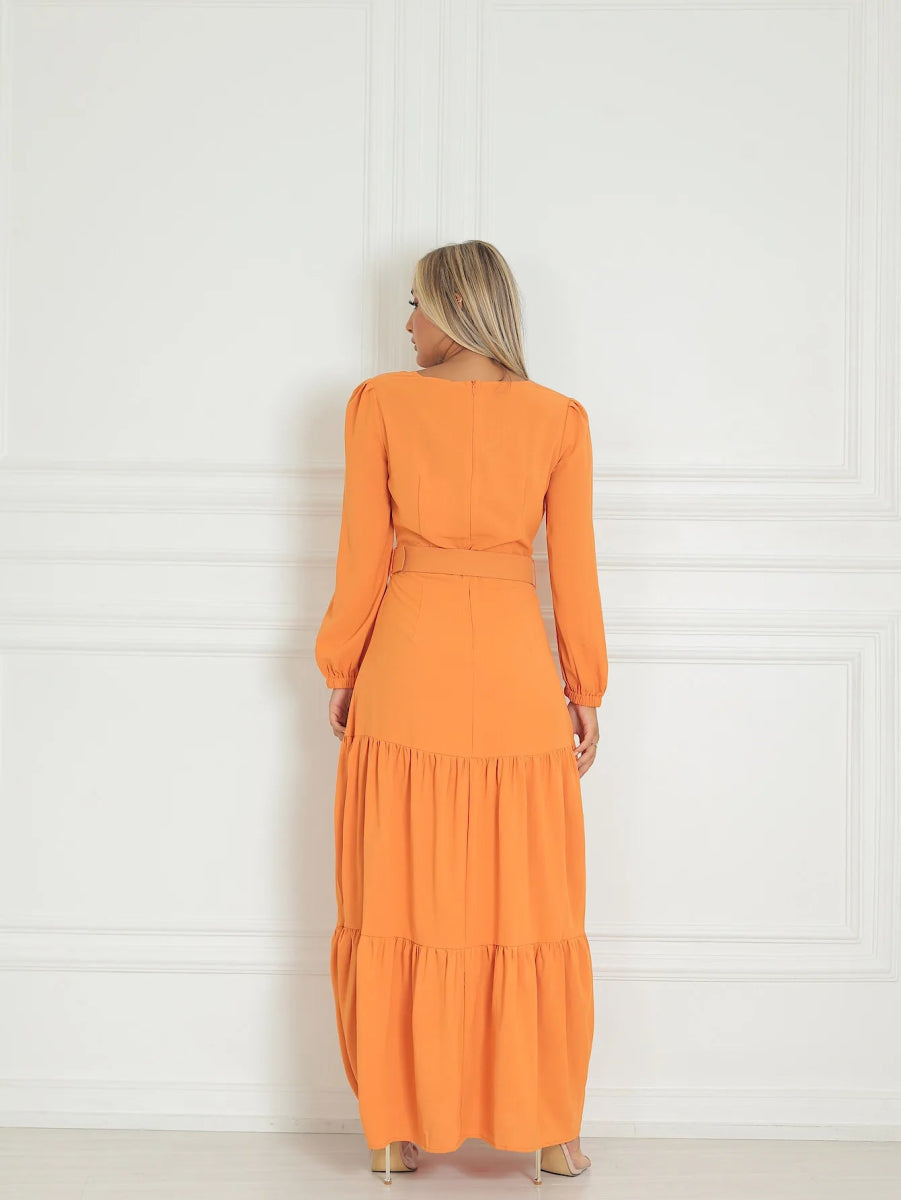 Vestido Longo Três Marias em Viscolinho com Cinto – Manga Puff e Elegância Atemporal - Momobr