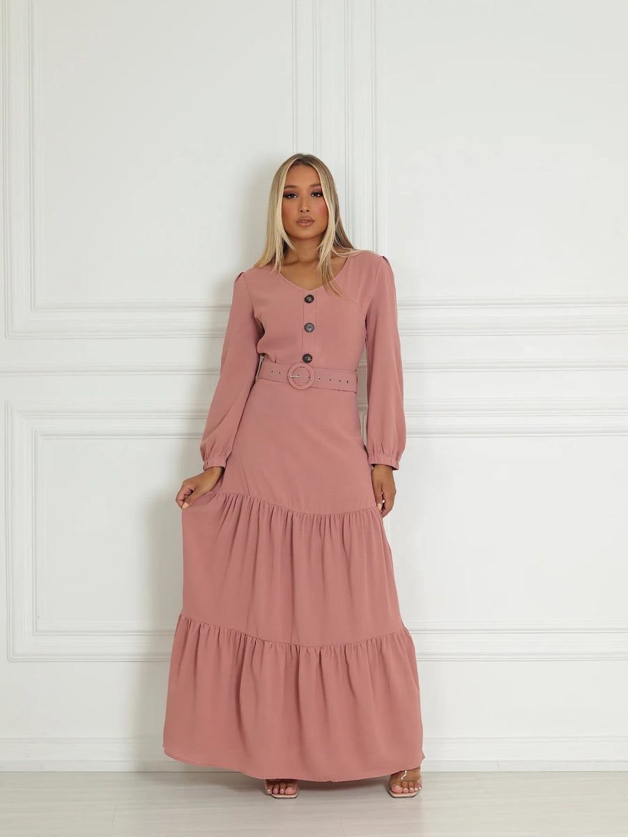 Vestido Longo Três Marias em Viscolinho com Cinto – Manga Puff e Elegância Atemporal - Momobr