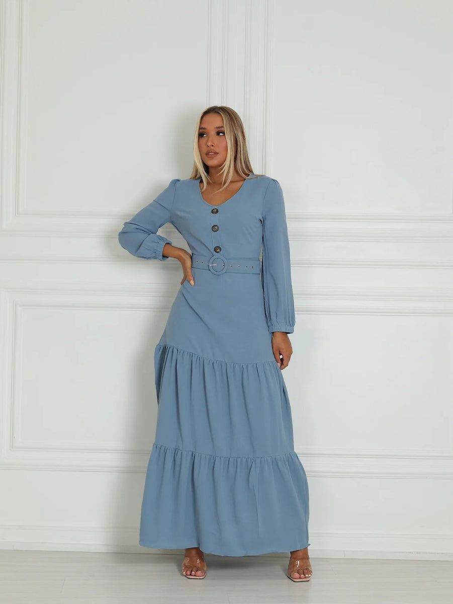 Vestido Longo Três Marias em Viscolinho com Cinto – Manga Puff e Elegância Atemporal - Momobr
