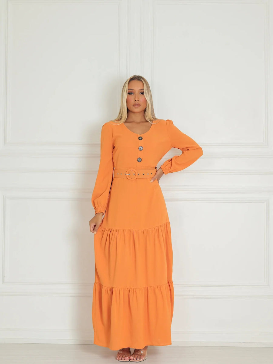 Vestido Longo Três Marias em Viscolinho com Cinto – Manga Puff e Elegância Atemporal - Momobr