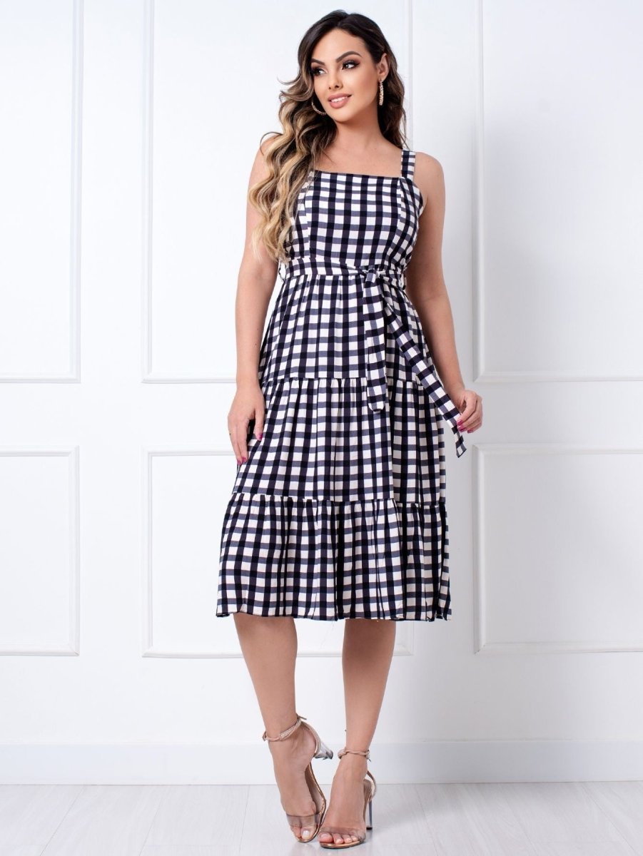 Vestido Midi Xadrez de Viscose – Chic, Casual e Versátil para Festas - Momobr