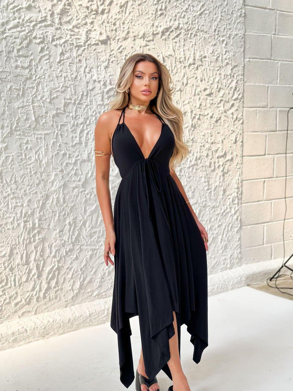 Vestido Pontas Alice Liso – Modelagem Assimétrica, Decote V Profundo, Fluido e Confortável - Momobr