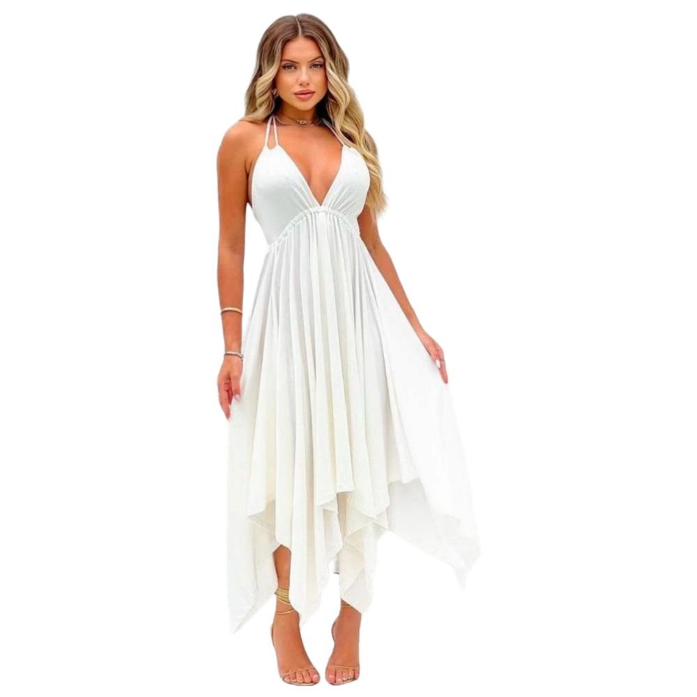 Vestido Pontas Alice Liso – Modelagem Assimétrica, Decote V Profundo, Fluido e Confortável - Momobr