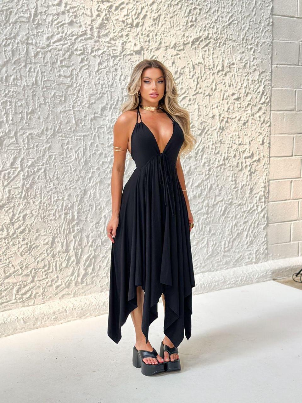 Vestido Pontas Alice Liso – Modelagem Assimétrica, Decote V Profundo, Fluido e Confortável - Momobr