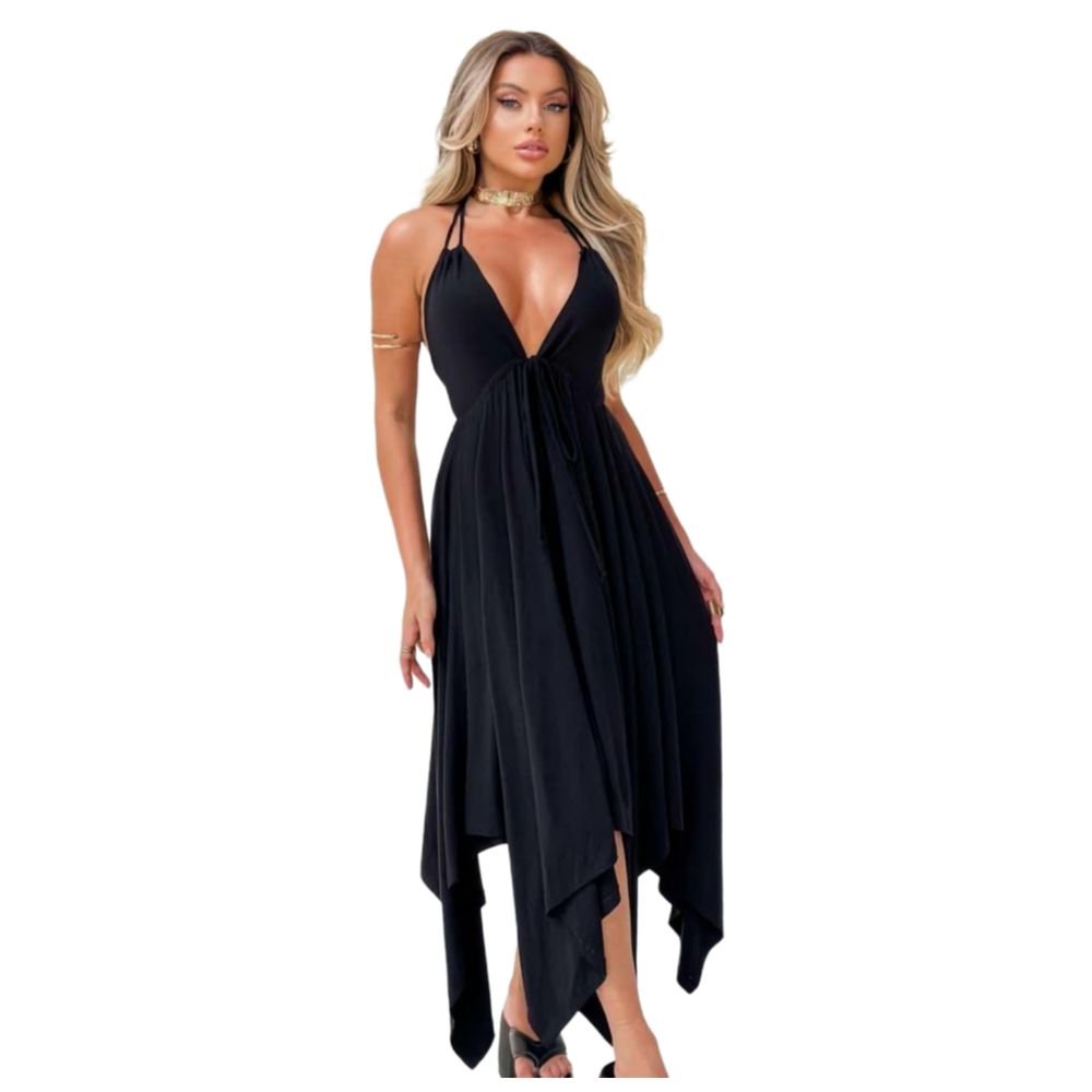 Vestido Pontas Alice Liso – Modelagem Assimétrica, Decote V Profundo, Fluido e Confortável - Momobr